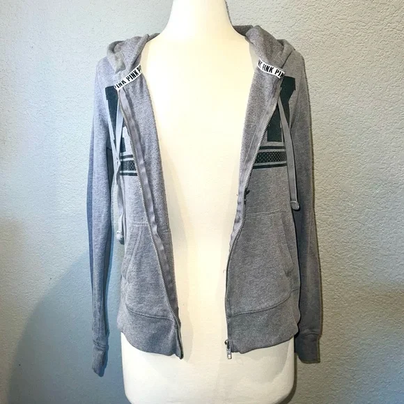 PINK VICTORIA’S SECRET Heather Grey Zip-Up Hoodie w/ Front Logo - Picture 3 of 7